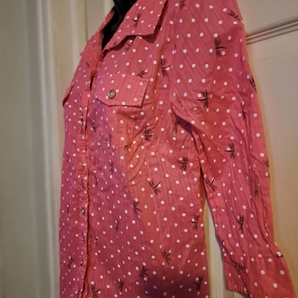 Karen Scott Button up polka Dot- dragonfly print blouse 3/4 sleeve size Medium - Picture 5 of 7
